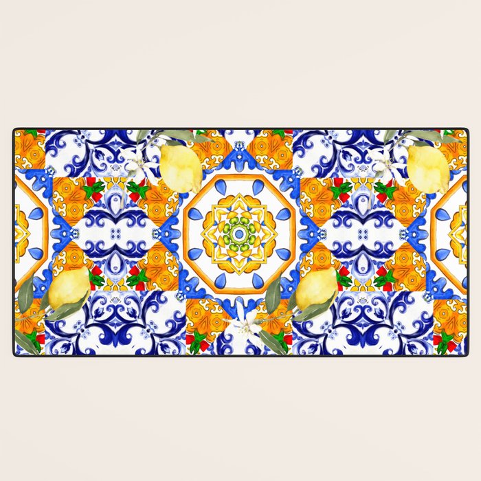 Summer,citrus,mosaic,lemon fruit,Mediterranean art Desk Mat Gallery Image 3