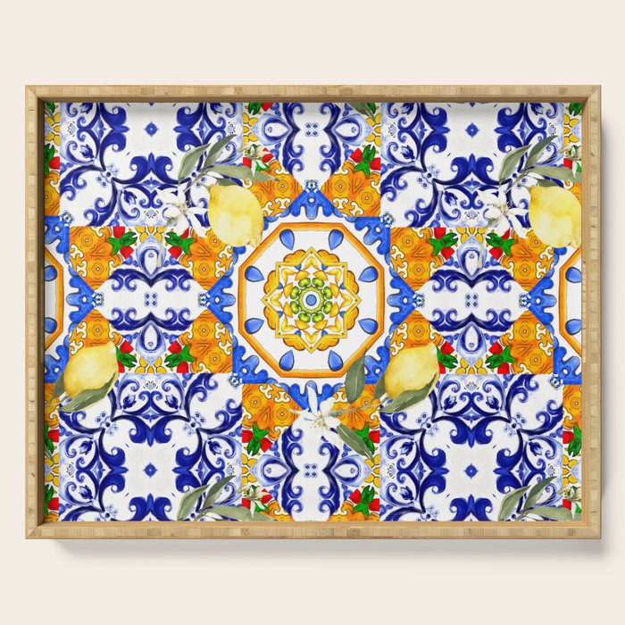 Summer,citrus,mosaic,lemon fruit,Mediterranean art Serving Tray Gallery Image 1