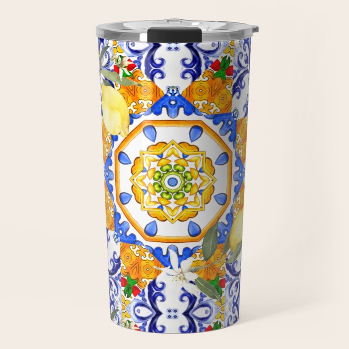 Summer,citrus,mosaic,lemon fruit,Mediterranean art Travel Mug Gallery Image 1