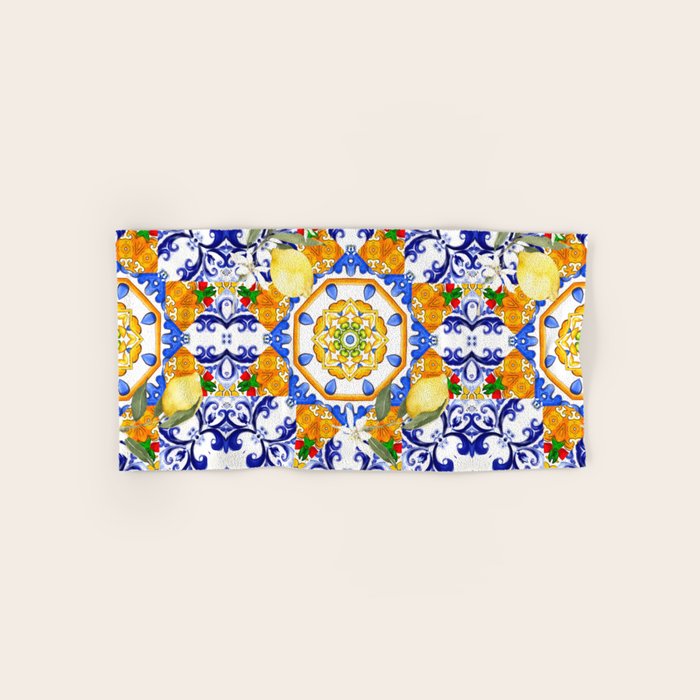 Summer,citrus,mosaic,lemon fruit,Mediterranean art Bath Towel Gallery Image 1
