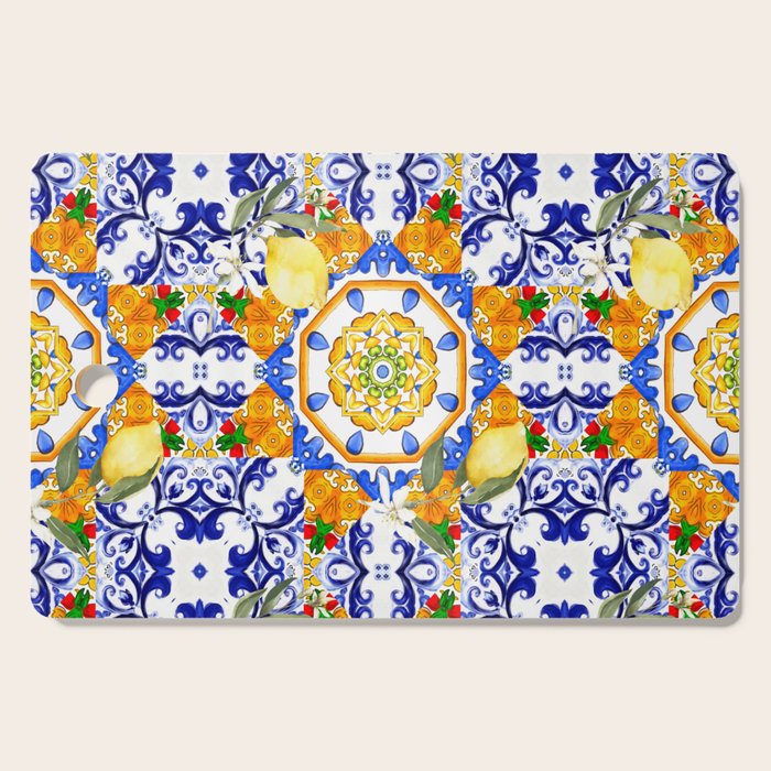 Summer,citrus,mosaic,lemon fruit,Mediterranean art Cutting Board Gallery Image 1