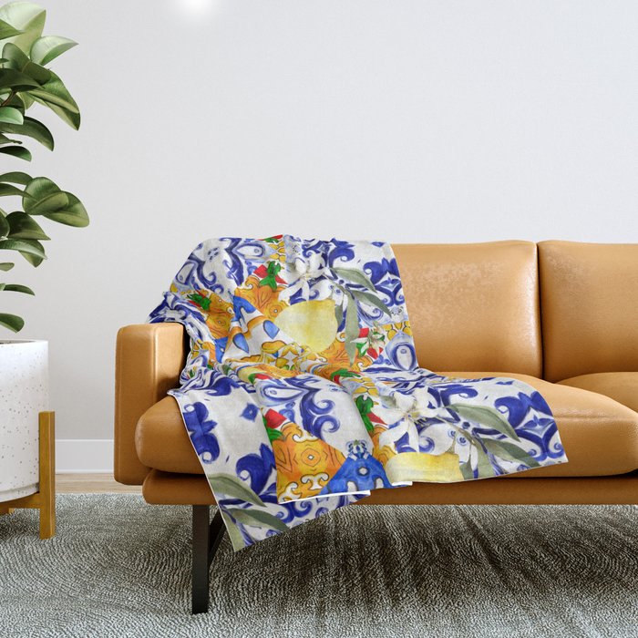 Summer,citrus,mosaic,lemon fruit,Mediterranean art Throw Blanket Gallery Image 1