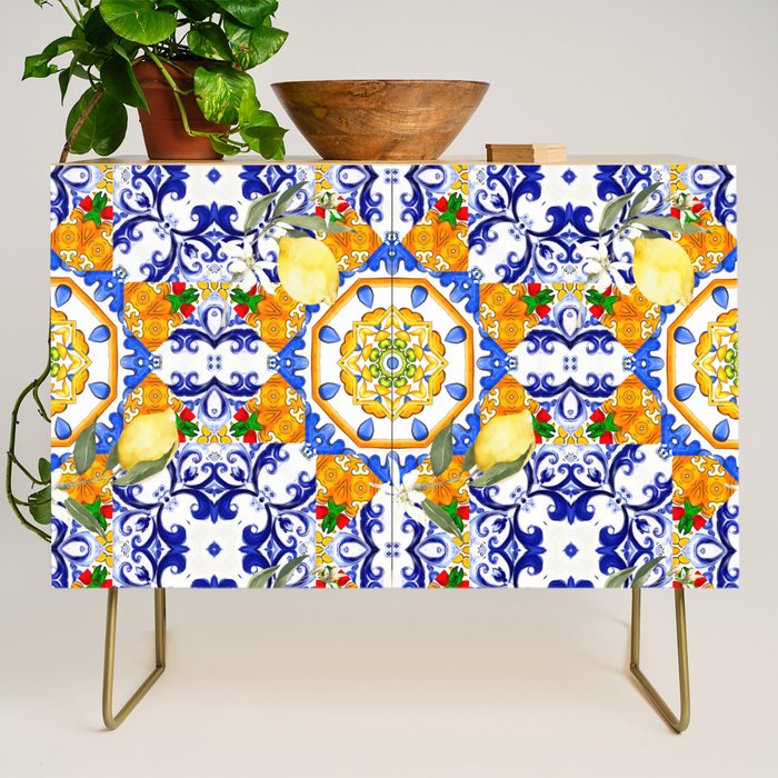 Summer,citrus,mosaic,lemon fruit,Mediterranean art Credenza Gallery Image 1