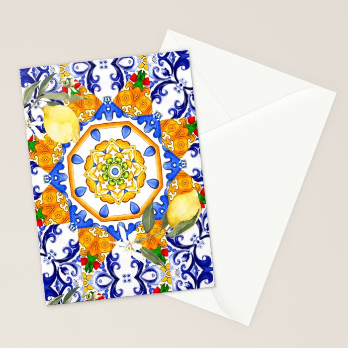 Summer,citrus,mosaic,lemon fruit,Mediterranean art Stationery Card Gallery Image 2