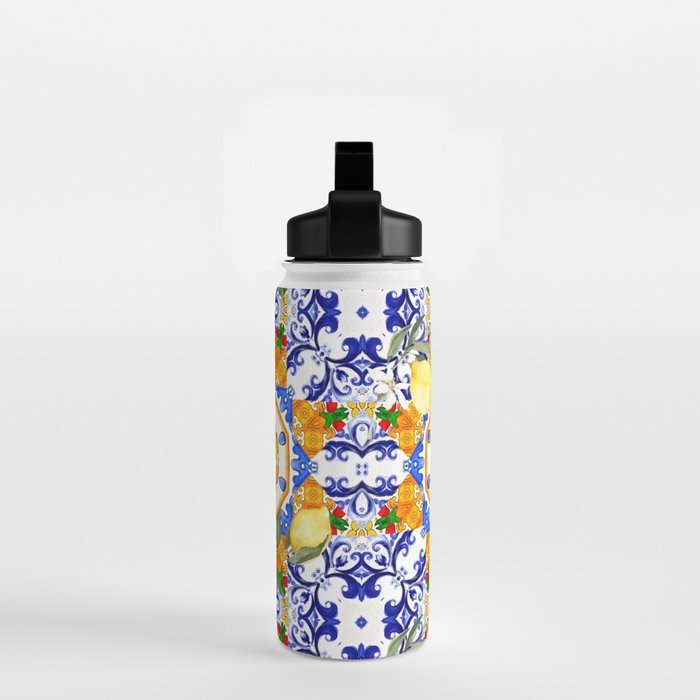 Summer,citrus,mosaic,lemon fruit,Mediterranean art Water Bottle Gallery Image 2