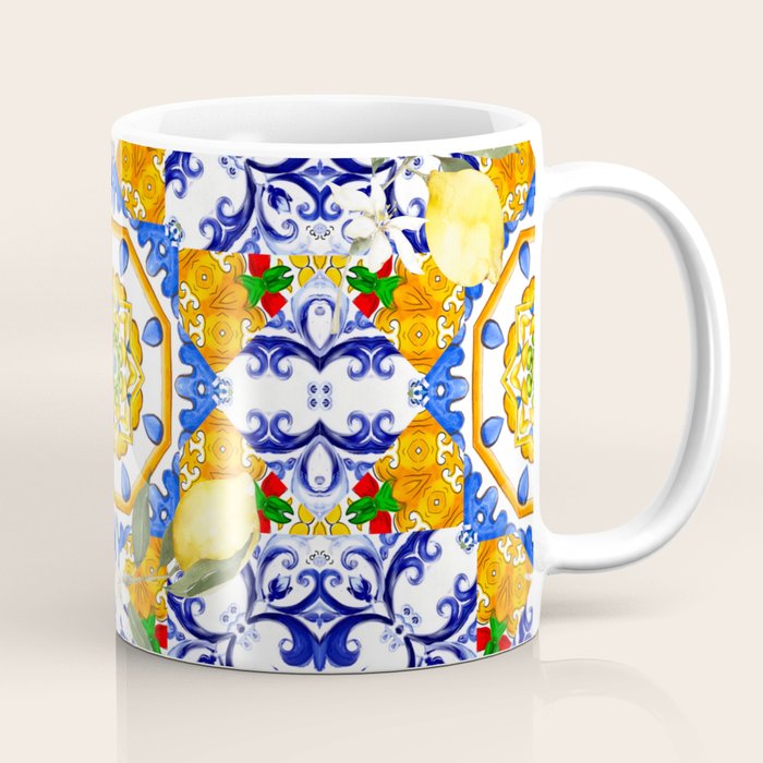 Summer,citrus,mosaic,lemon fruit,Mediterranean art Coffee Mug Gallery Image 1