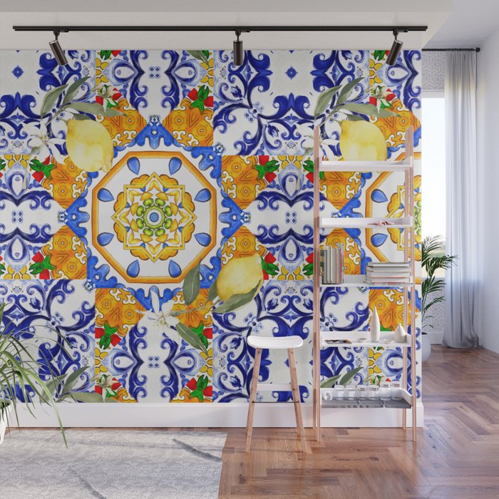 Summer,citrus,mosaic,lemon fruit,Mediterranean art Wall Mural Gallery Image 1