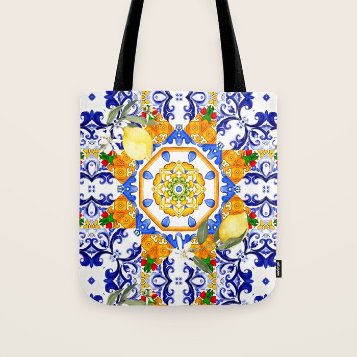 Summer,citrus,mosaic,lemon fruit,Mediterranean art Tote Bag Gallery Image 1