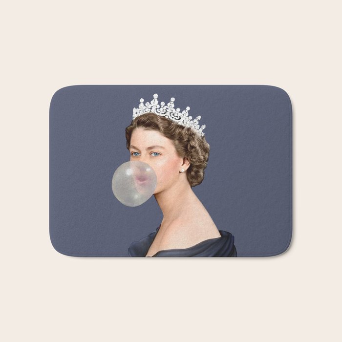 Queen Elizabeth in blue satin blowing a bubble gum Bath Mat Gallery Image 1