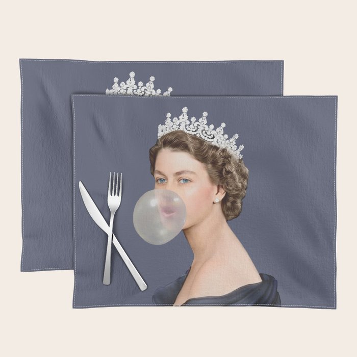 Queen Elizabeth in blue satin blowing a bubble gum Placemat Gallery Image 1