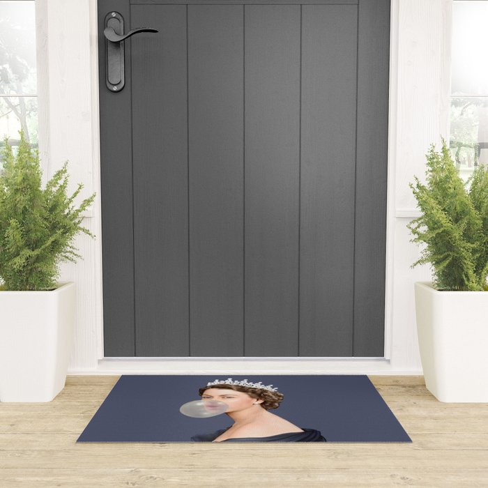 Queen Elizabeth in blue satin blowing a bubble gum Welcome Mat Gallery Image 3