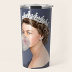 Queen Elizabeth in blue satin blowing a bubble gum Travel Mug Gallery Image 1