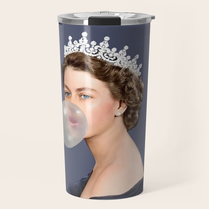 Queen Elizabeth in blue satin blowing a bubble gum Travel Mug Gallery Image 1