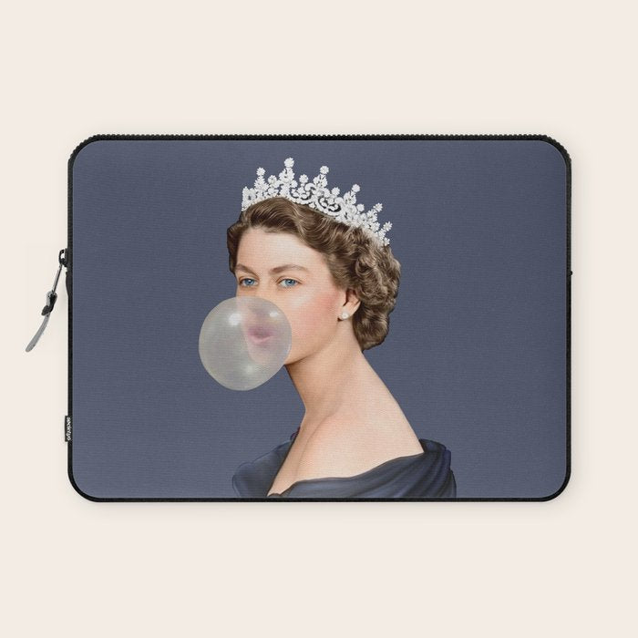Queen Elizabeth in blue satin blowing a bubble gum Laptop Sleeve Gallery Image 1