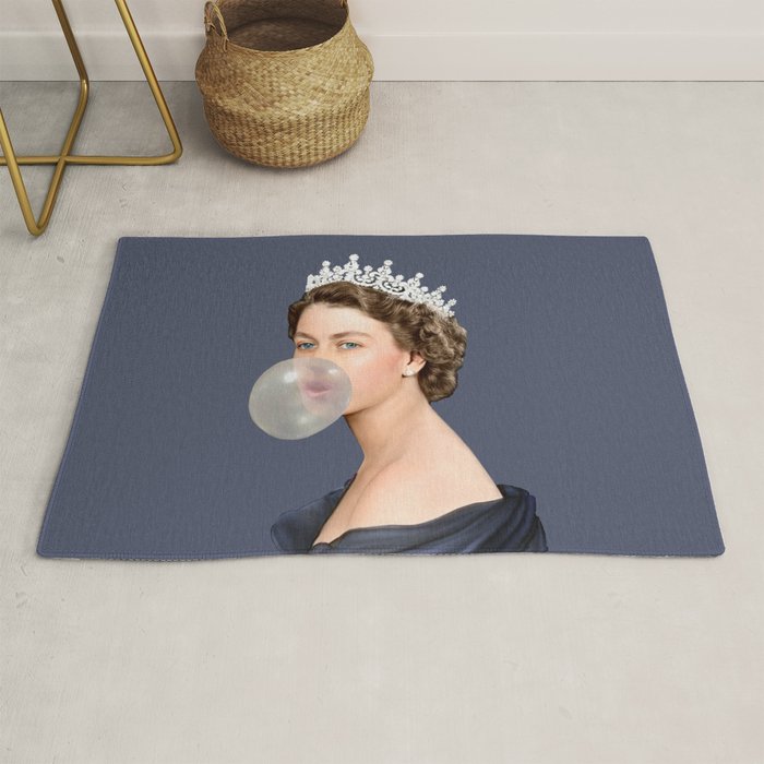 Queen Elizabeth in blue satin blowing a bubble gum Rug Gallery Image 1