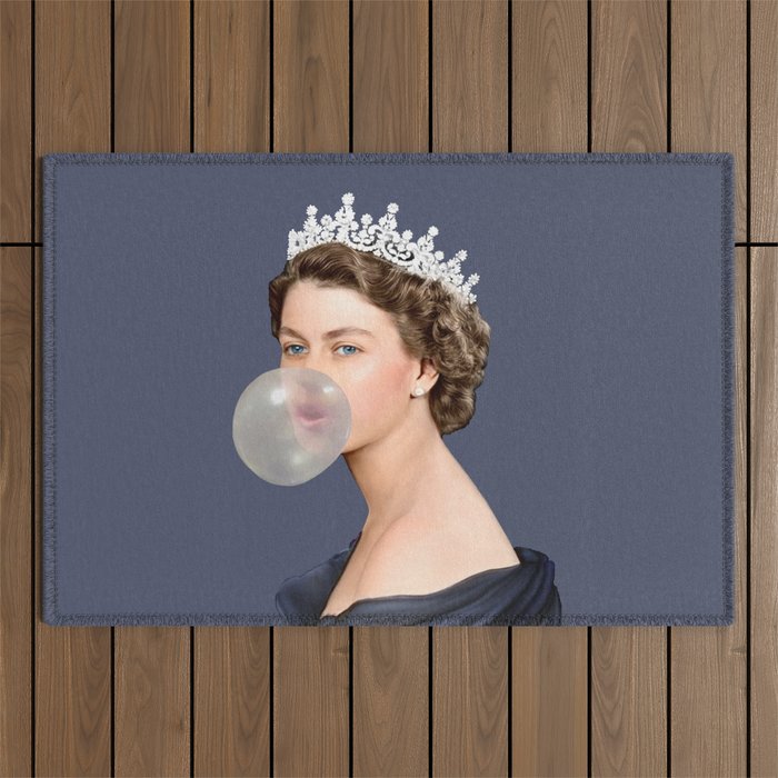 Queen Elizabeth in blue satin blowing a bubble gum Outdoor Rug Gallery Image 1