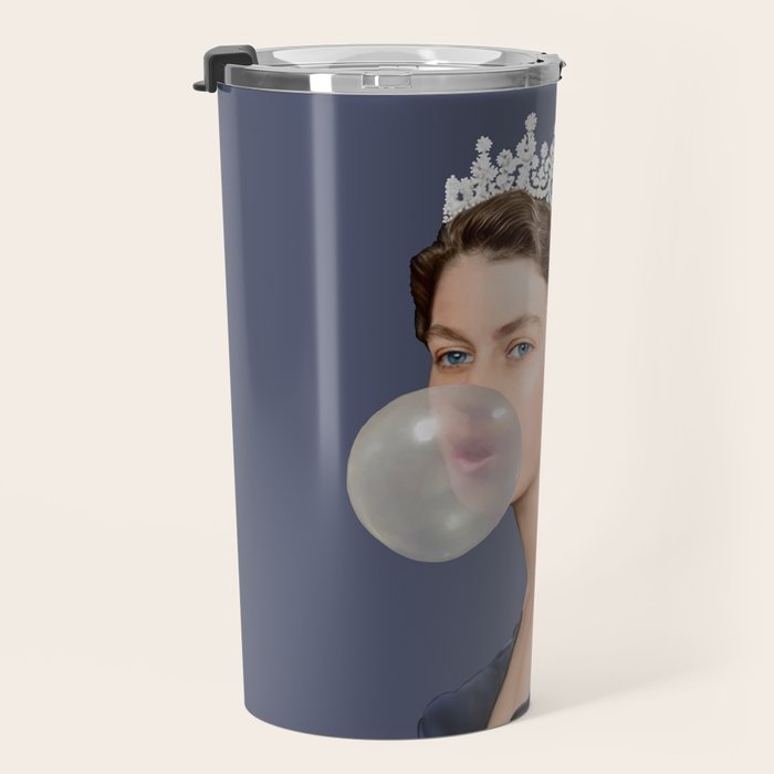 Queen Elizabeth in blue satin blowing a bubble gum Travel Mug Gallery Image 3