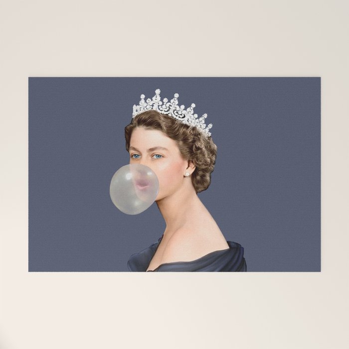 Queen Elizabeth in blue satin blowing a bubble gum Welcome Mat Gallery Image 1