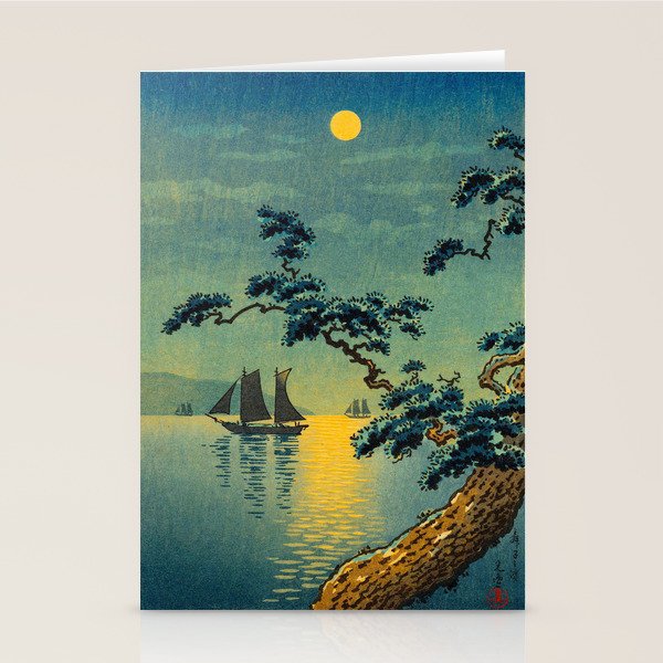 Tsuchiya Koitsu Maiko Seashore Japanese Woodblock Print Night Time Moon Over Ocean Sailboat Stationery Card Gallery Image 1