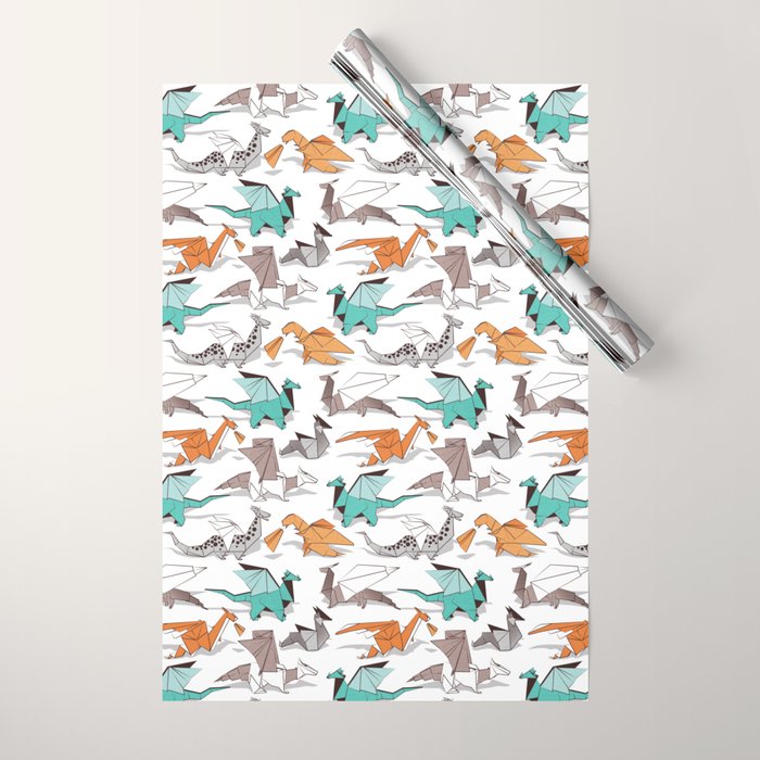 Origami dragon friends // white background aqua orange grey and taupe fantastic creatures Wrapping Paper Gallery Image 1