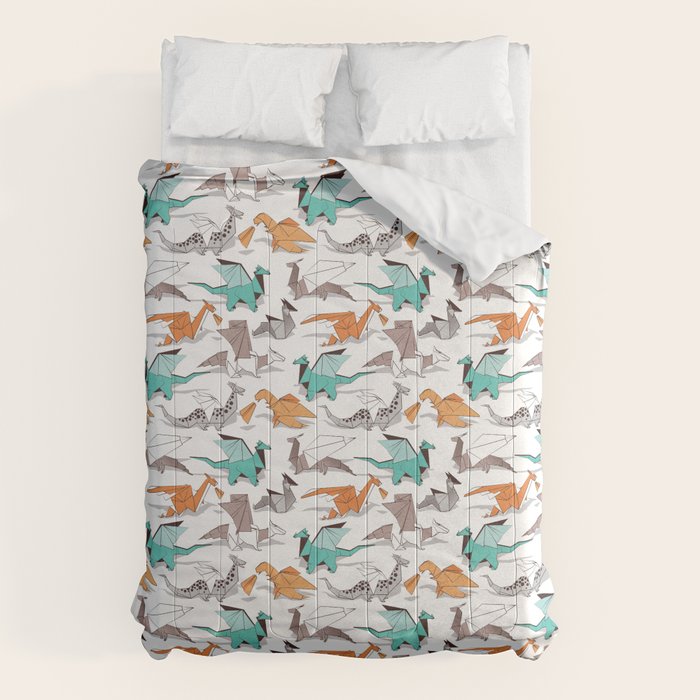 Origami dragon friends // white background aqua orange grey and taupe fantastic creatures Comforter Gallery Image 6