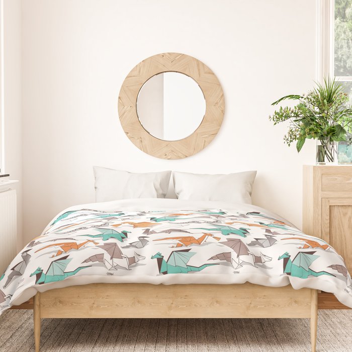 Origami dragon friends // white background aqua orange grey and taupe fantastic creatures Duvet Cover Gallery Image 3