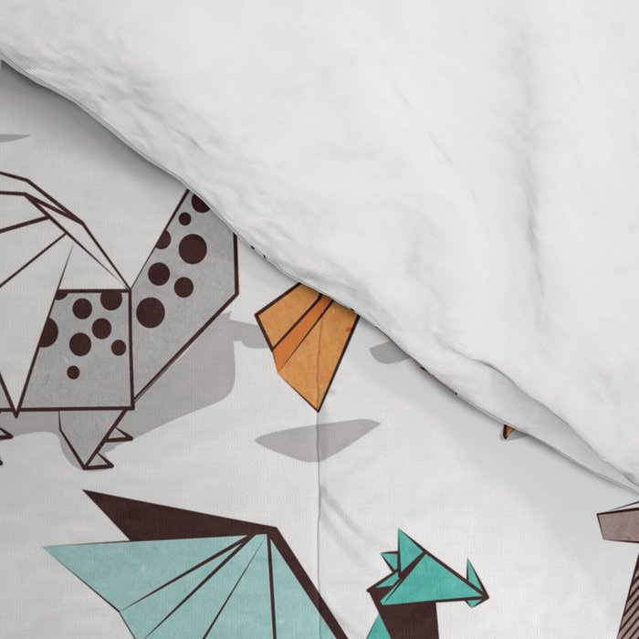 Origami dragon friends // white background aqua orange grey and taupe fantastic creatures Comforter Gallery Image 4