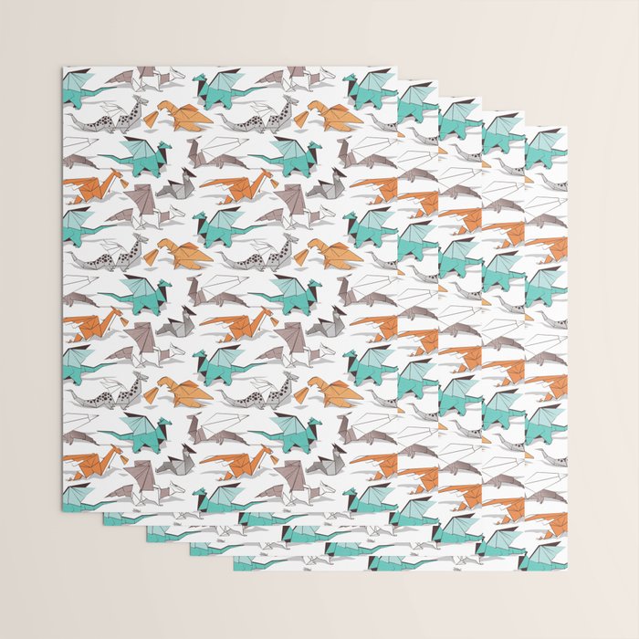 Origami dragon friends // white background aqua orange grey and taupe fantastic creatures Wrapping Paper Gallery Image 3