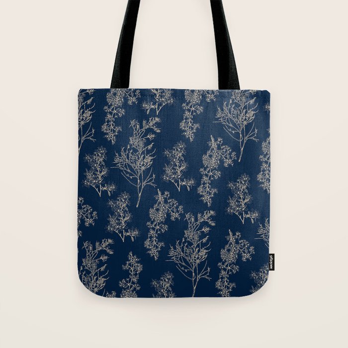 Botanical Cottage Floral Pattern Navy Blue and Beige Tote Bag Gallery Image 1