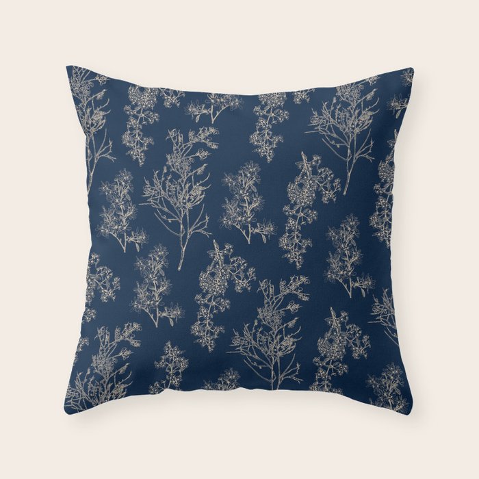 Botanical Cottage Floral Pattern Navy Blue and Beige Throw Pillow Gallery Image 1
