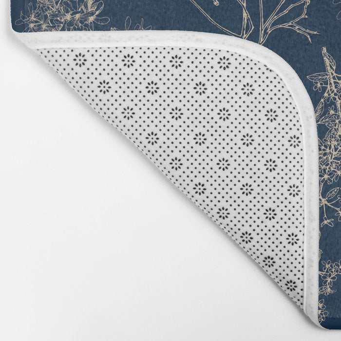 Botanical Cottage Floral Pattern Navy Blue and Beige Bath Mat Gallery Image 2