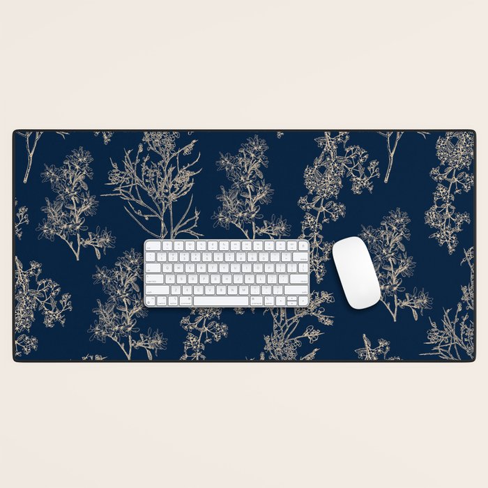 Botanical Cottage Floral Pattern Navy Blue and Beige Desk Mat Gallery Image 1