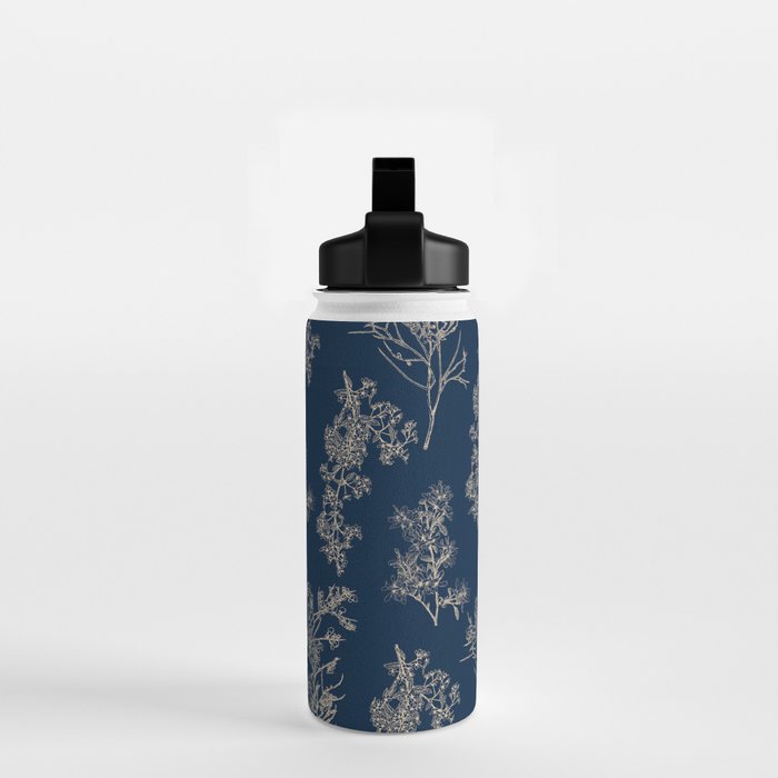Botanical Cottage Floral Pattern Navy Blue and Beige Water Bottle Gallery Image 2
