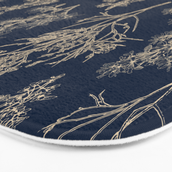 Botanical Cottage Floral Pattern Navy Blue and Beige Bath Mat Gallery Image 3