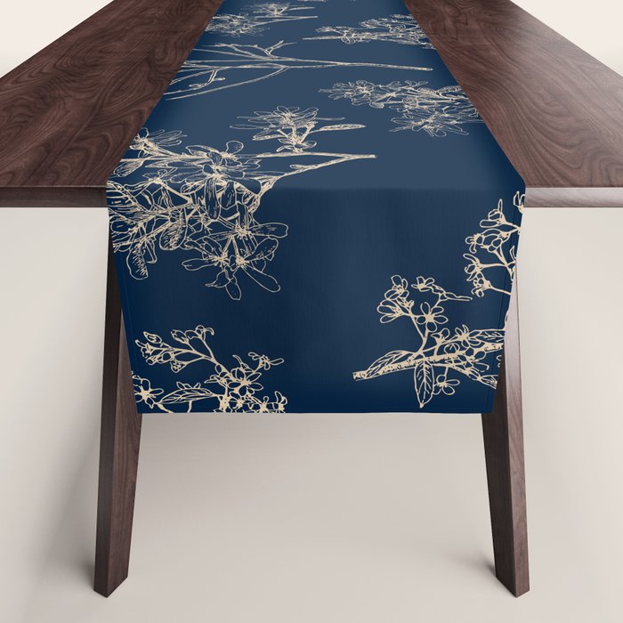 Botanical Cottage Floral Pattern Navy Blue and Beige Table Runner Gallery Image 1