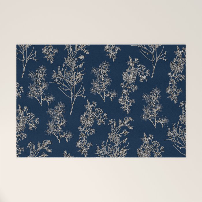 Botanical Cottage Floral Pattern Navy Blue and Beige Welcome Mat Gallery Image 1