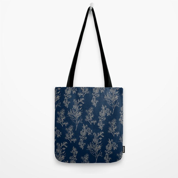 Botanical Cottage Floral Pattern Navy Blue and Beige Tote Bag Gallery Image 2
