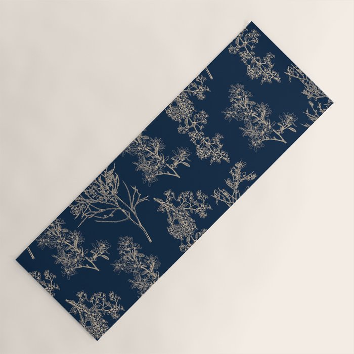 Botanical Cottage Floral Pattern Navy Blue and Beige Yoga Mat Gallery Image 1
