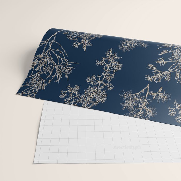 Botanical Cottage Floral Pattern Navy Blue and Beige Wrapping Paper Gallery Image 2