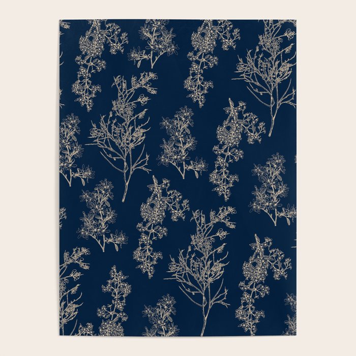 Botanical Cottage Floral Pattern Navy Blue and Beige Poster Gallery Image 4