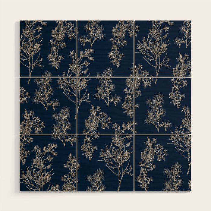 Botanical Cottage Floral Pattern Navy Blue and Beige Wood Wall Art Gallery Image 1