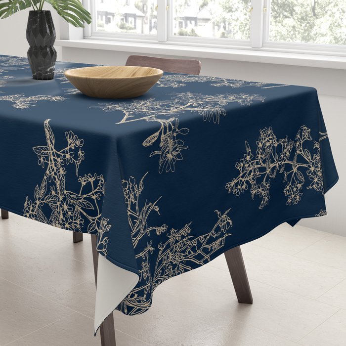 Botanical Cottage Floral Pattern Navy Blue and Beige Tablecloth Gallery Image 3