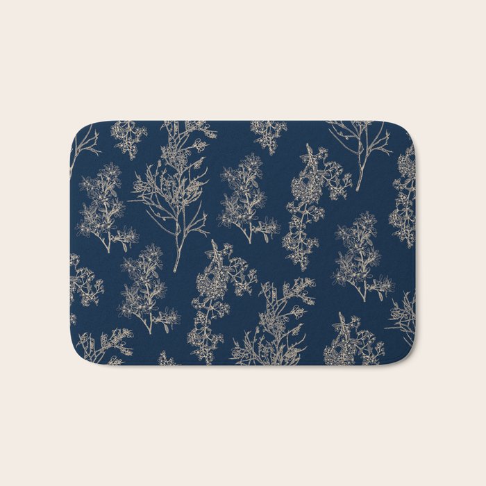 Botanical Cottage Floral Pattern Navy Blue and Beige Bath Mat Gallery Image 1