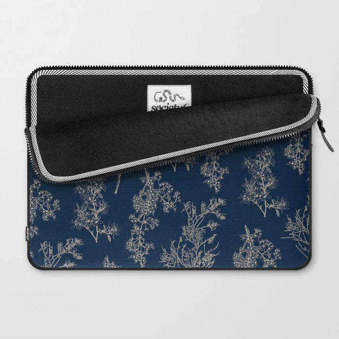 Botanical Cottage Floral Pattern Navy Blue and Beige Laptop Sleeve Gallery Image 2