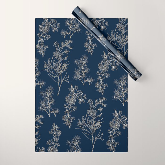 Botanical Cottage Floral Pattern Navy Blue and Beige Wrapping Paper Gallery Image 1
