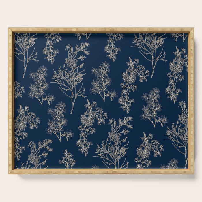 Botanical Cottage Floral Pattern Navy Blue and Beige Serving Tray Gallery Image 1