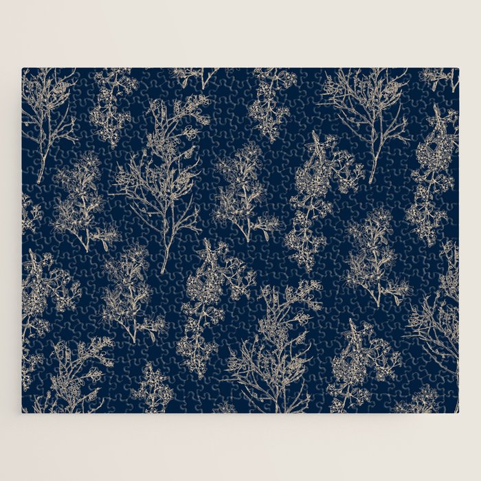 Botanical Cottage Floral Pattern Navy Blue and Beige Jigsaw Puzzle Gallery Image 1