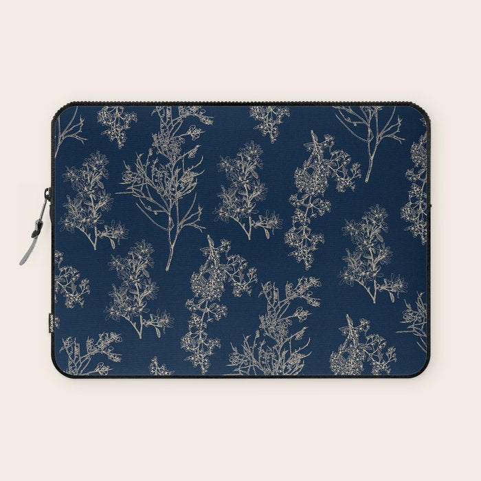Botanical Cottage Floral Pattern Navy Blue and Beige Laptop Sleeve Gallery Image 1