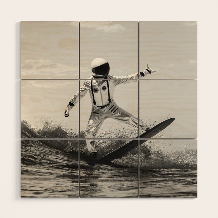 Space Surfer - Black And White - Futuristic Surf Photo Art Print - Astronaut Riding a Wave Wood Wall Art Gallery Image 1