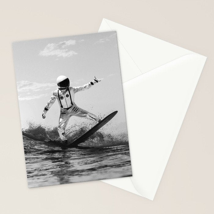 Space Surfer - Black And White - Futuristic Surf Photo Art Print - Astronaut Riding a Wave Stationery Card Gallery Image 2